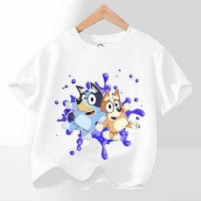 Горячая детская футболка в тематике Bluey для мальчиков и девочек 2026 Лето Мультяшная Печать Графический Малыш На улице Короткий рукав Футболка Повседневная Носимый Топ