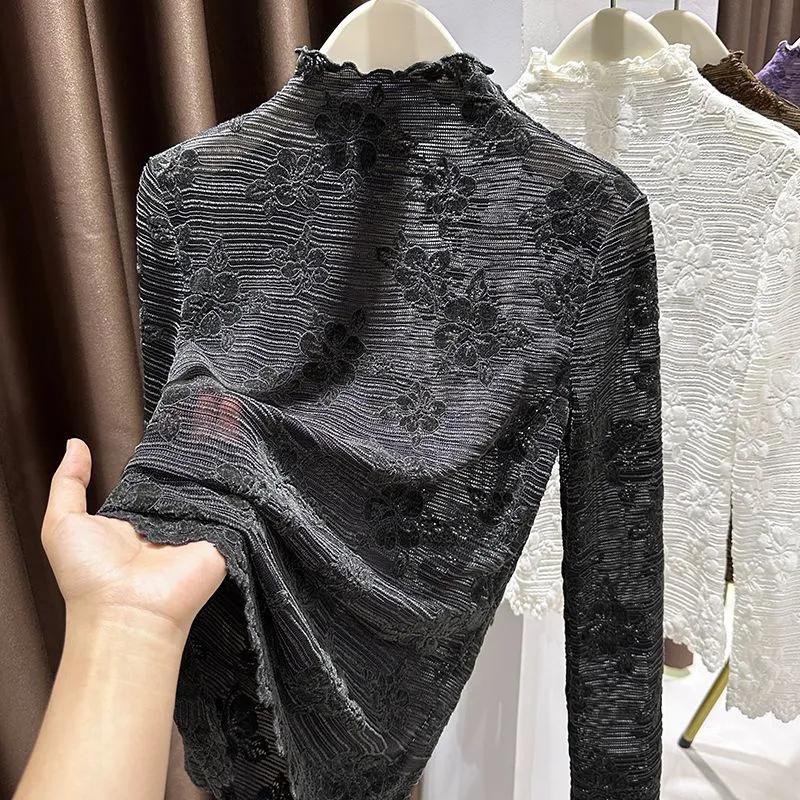 Пуловеры Топы Женские Длинные Рукава Осень Зима Блузка с Подкладкой Оверсайз Полувысокий Воротник Свободная Рубашка с Длинным Рукавом Приталенные Пуловеры Топы