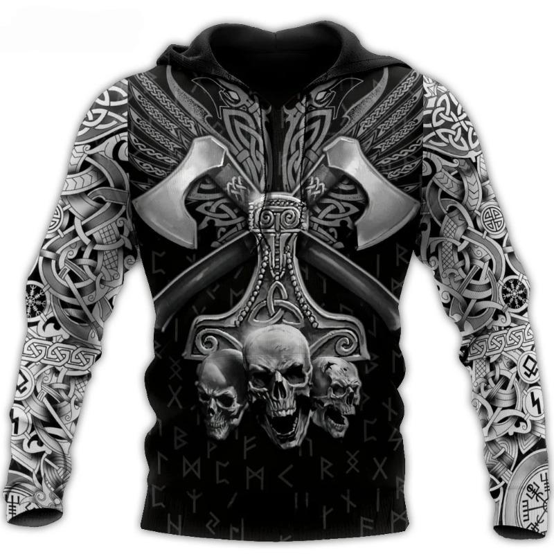Модная мужская спортивная одежда Толстовка с капюшоном с 3D-принтом Викинг Классическая куртка Весенне-осенняя толстовка Хип-хоп Панк Оверсайз толстовки