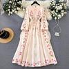 Women's Noble Temperament Long-sleeved Positioning Printing Waisted Large Swing Dresses Thin Retro French Long Dresses