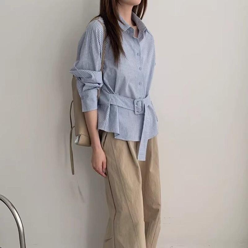 Ladies' Checkered Shirt Women's Turn Down Collar Belt Long Sleeved Blouse Autumn New Version Loose Versatile Casual Top