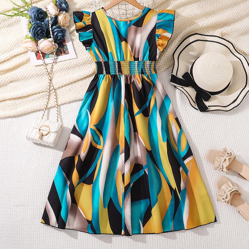 Girls' Fashion Dress 2025 Summer Children's Princess Print V-neck Short Sleeve Waist Dress