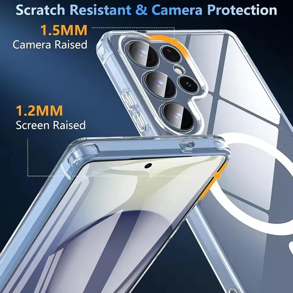 Для Samsung Galaxy S21 S23 S24FE S25 Ultra Plus S25EDGE Прозрачный Кристальный Акриловый Чехол с Магнитами Magsafe для Беспроводной Зарядки Ударопрочный