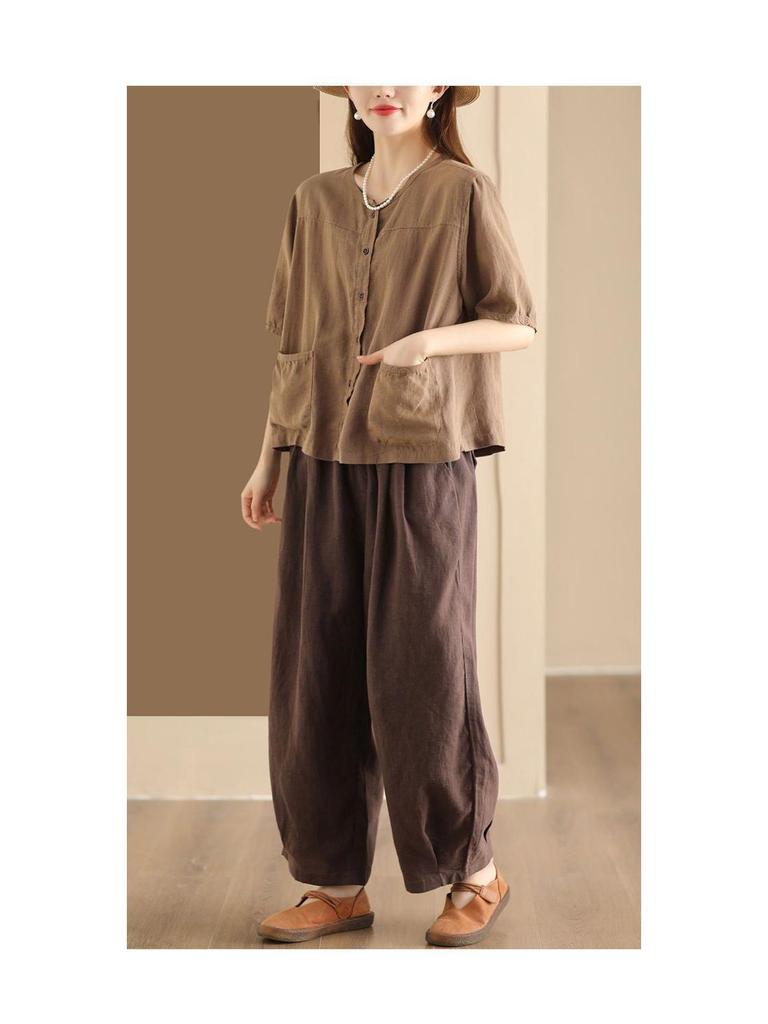 Женская летняя хлопково-льняная рубашка-кардиган с рукавом до середины предплечья 2024 - Повседневный, приталенный, однобортный дизайн