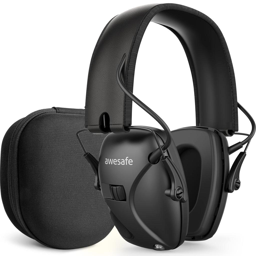 AWESAFE Electronic Shooting Noise Reduction and with Hard Travel Storage Carrying Bag Earmuffs, Amplification, (Small Box, Black)