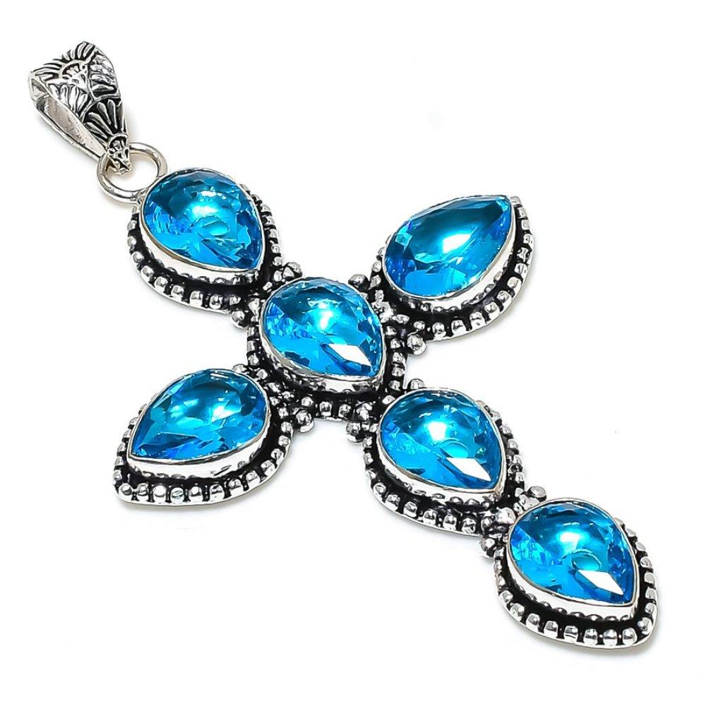 Blue Topaz Gemstone Handmade 925 Sterling Silver Jewelry Pendant 3.47" R2f33