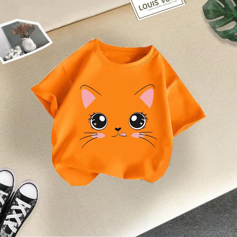 Children's Casual Short-sleeved T-shirt - Summer Girls' Cute Cat T-shirt