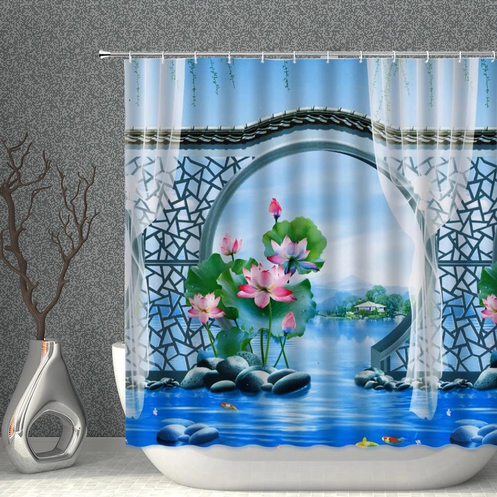 Chinese Style Shower Curtains Waterproof Fabric Flower Bird Eagle Horse Bathroom Curtain With Hooks Bath Screen Home Decoration