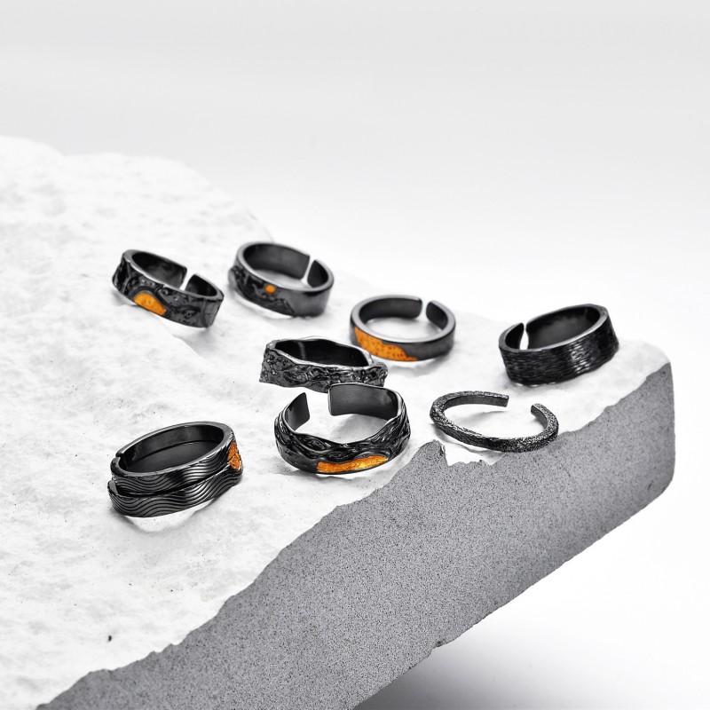 Adjustable Open Ring Men Women Geometric Asymmetrical Design With Mountain Motif Vintage Style Plated Handmade