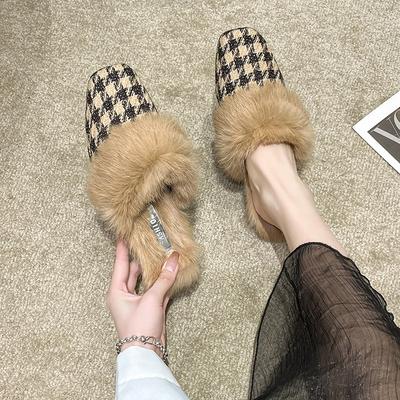 Aphixta Зимние клетчатые тапочки с верхом из плюша и натуральным мехом кролика, теплые пушистые туфли, квадратный носок, плоский каблук, шлепанцы с мехом