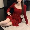 Women Dress Square Neck Pleated A-line Long Sleeves Pleated Slim Waist Velvet Mini Dress Prom