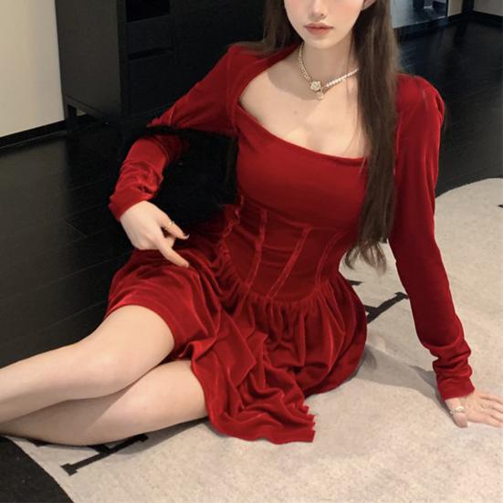 Women Dress Square Neck Pleated A-line Long Sleeves Pleated Slim Waist Velvet Mini Dress Prom