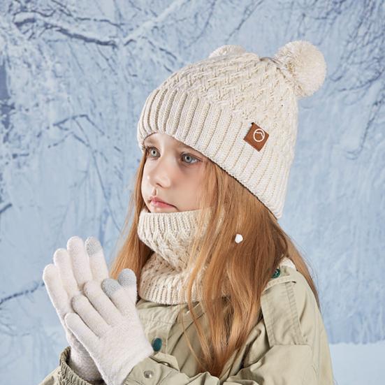 Kids Winter Hat Gloves Scarf Set Cold Weather Knitted Bear Hat with Pom Fleece Lined Neck Warmer Mitten Set for Girls Boys Ages 4-10