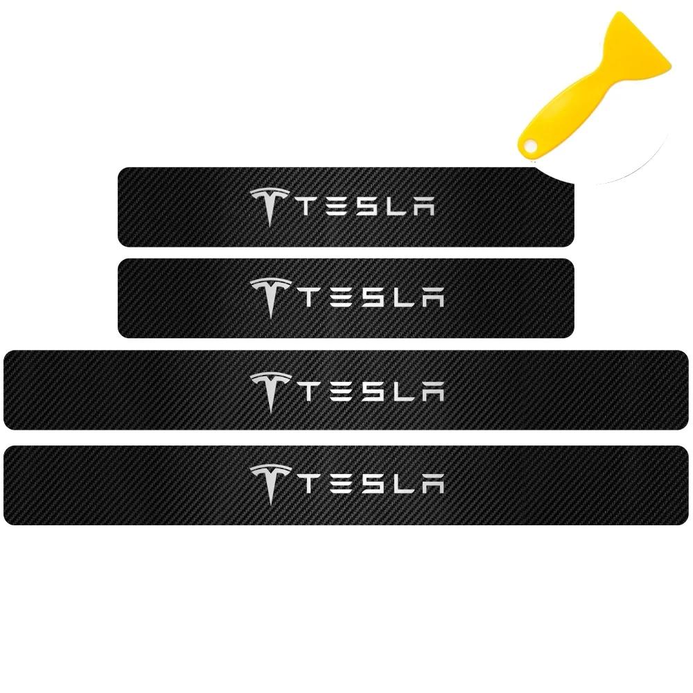 Car Sticker Tesla 4pcs Car Anti Scratch Scuff Carbon Fiber Door Threshold Stickers for Tesla Model 3 Model S X Model Y Roadster 