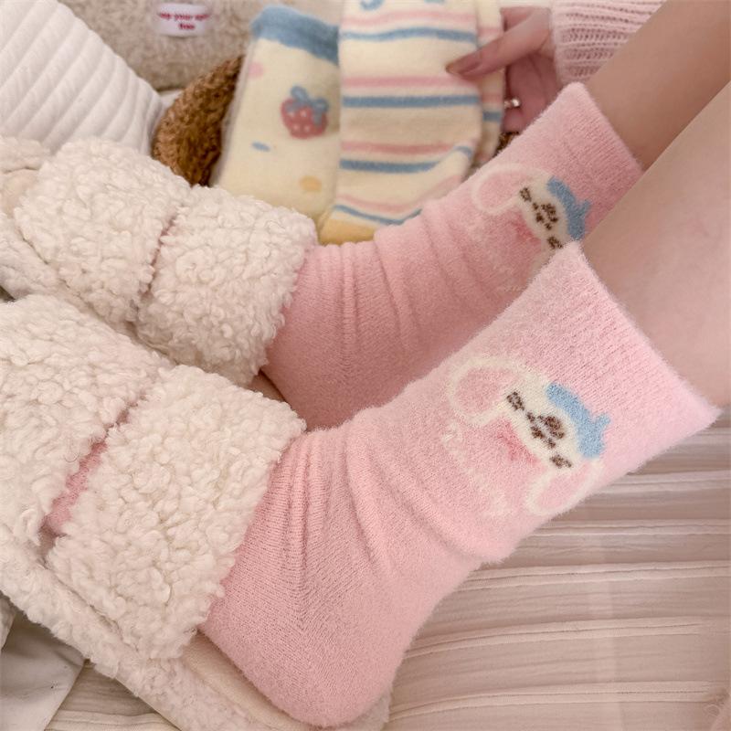 Australian Woolen Socks for Girls, Cute Cartoon Rabbits, Fluffy Mid-calf Socks, Sweet Autumn and Winter, Bow Stripes, and Warm Socks