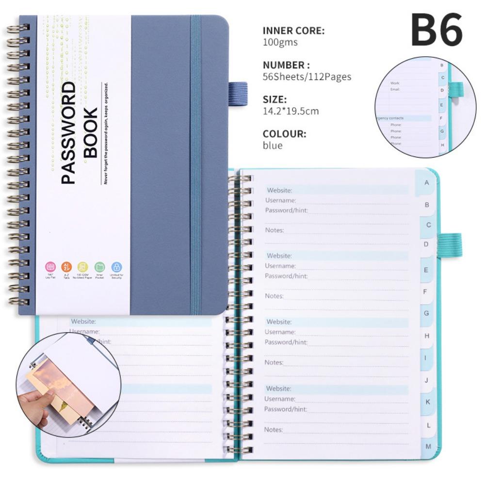 With Alphabetical Tabs Pocket Password Keeper Book Coil Book A6/B6 Size Password Keeper Notebook Portable with Penholder