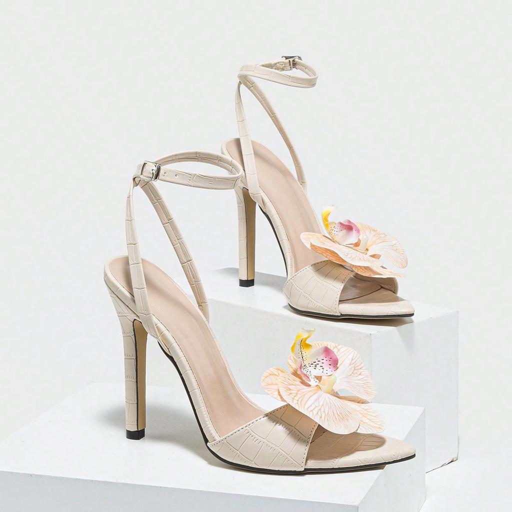 Остроносые трехмерные цветочные босоножки-стилет женская обувь великолепные вечерние абрикосовые туфли на высоком каблуке