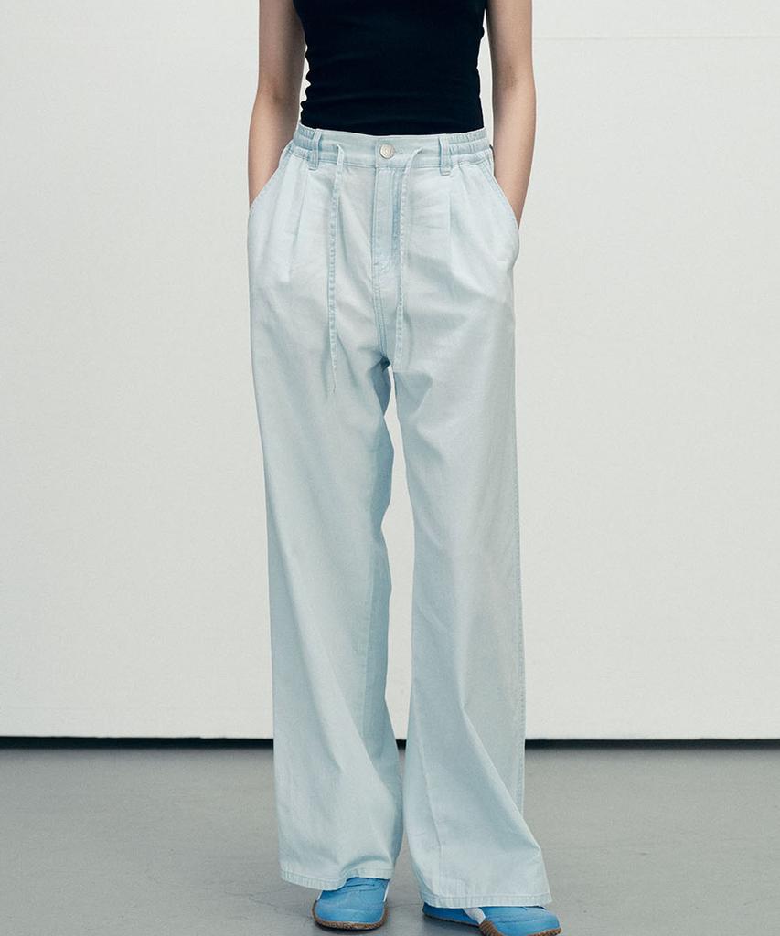 MALOUPE 9161 Ultra-Lightweight Single-Pleat Wide Denim Pants (Light Indigo)
