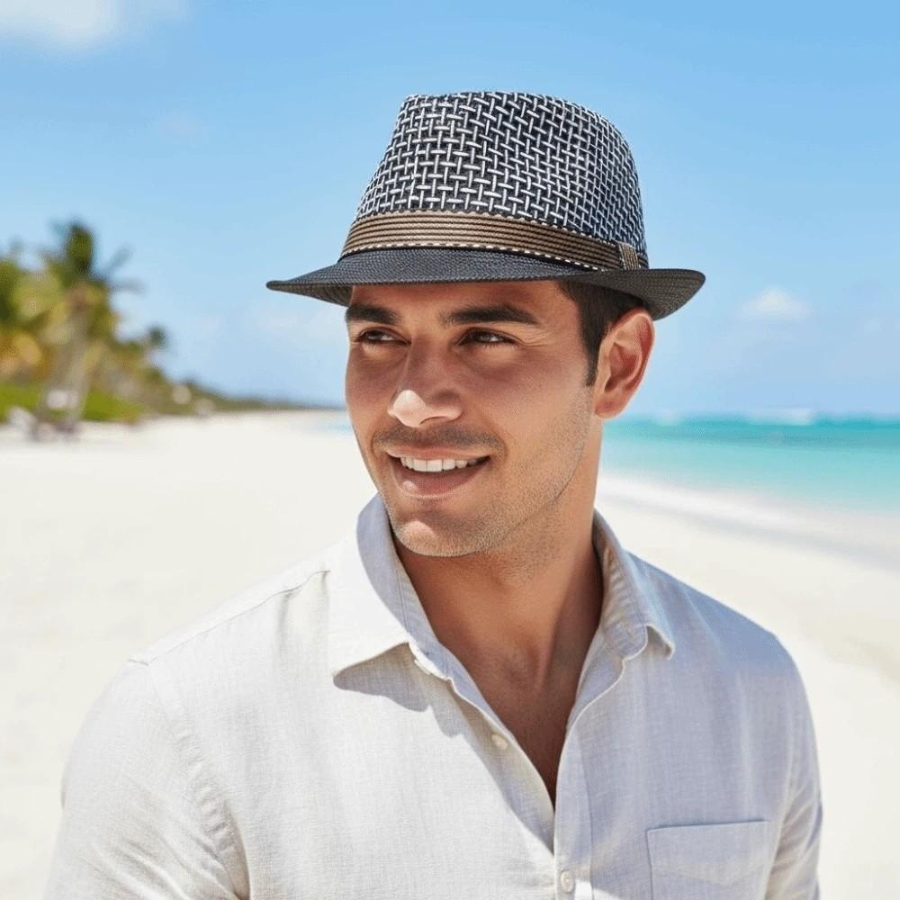Short Brim Woven Straw Hat Breathable Vacation Beach Cap Sun Cap Men Panama Hat Summer