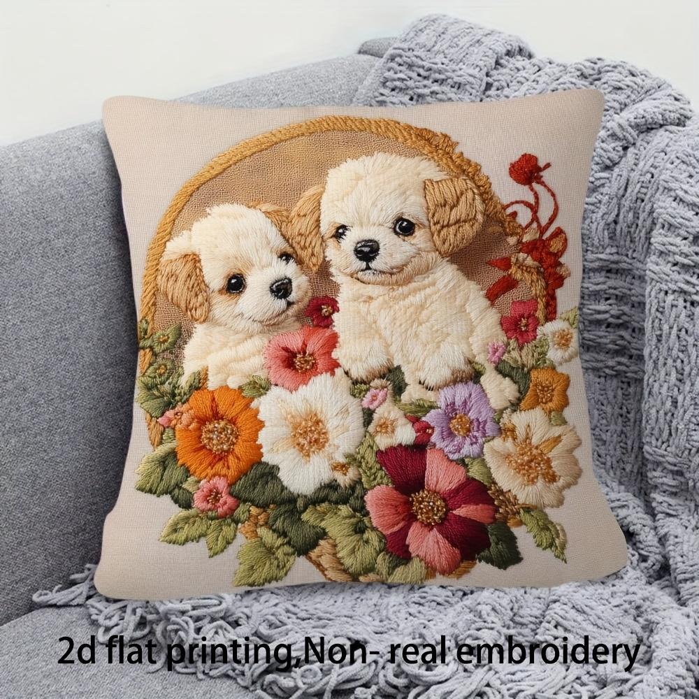 1pc Pillowcase, 2D Flat Printing, Single-Sided Print (No Pillow Insert), 17.72 X 17.72 Inches (45 X 45 Cm), Non-Real Embroidery, Happy Cute Puppy And