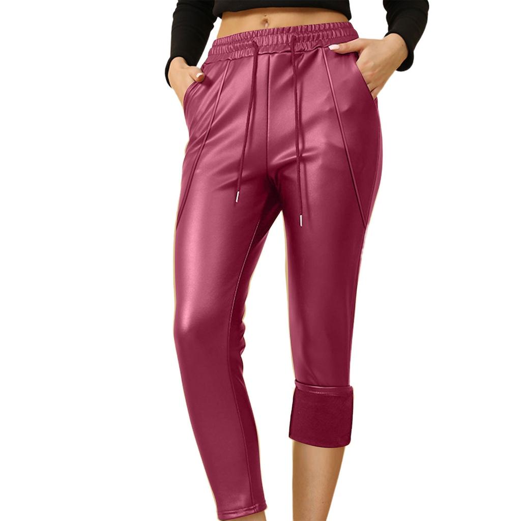 Женские повседневные кожаные брюки свободного кроя с высокой талией и флисом, повседневные брюки с маленькой ногой