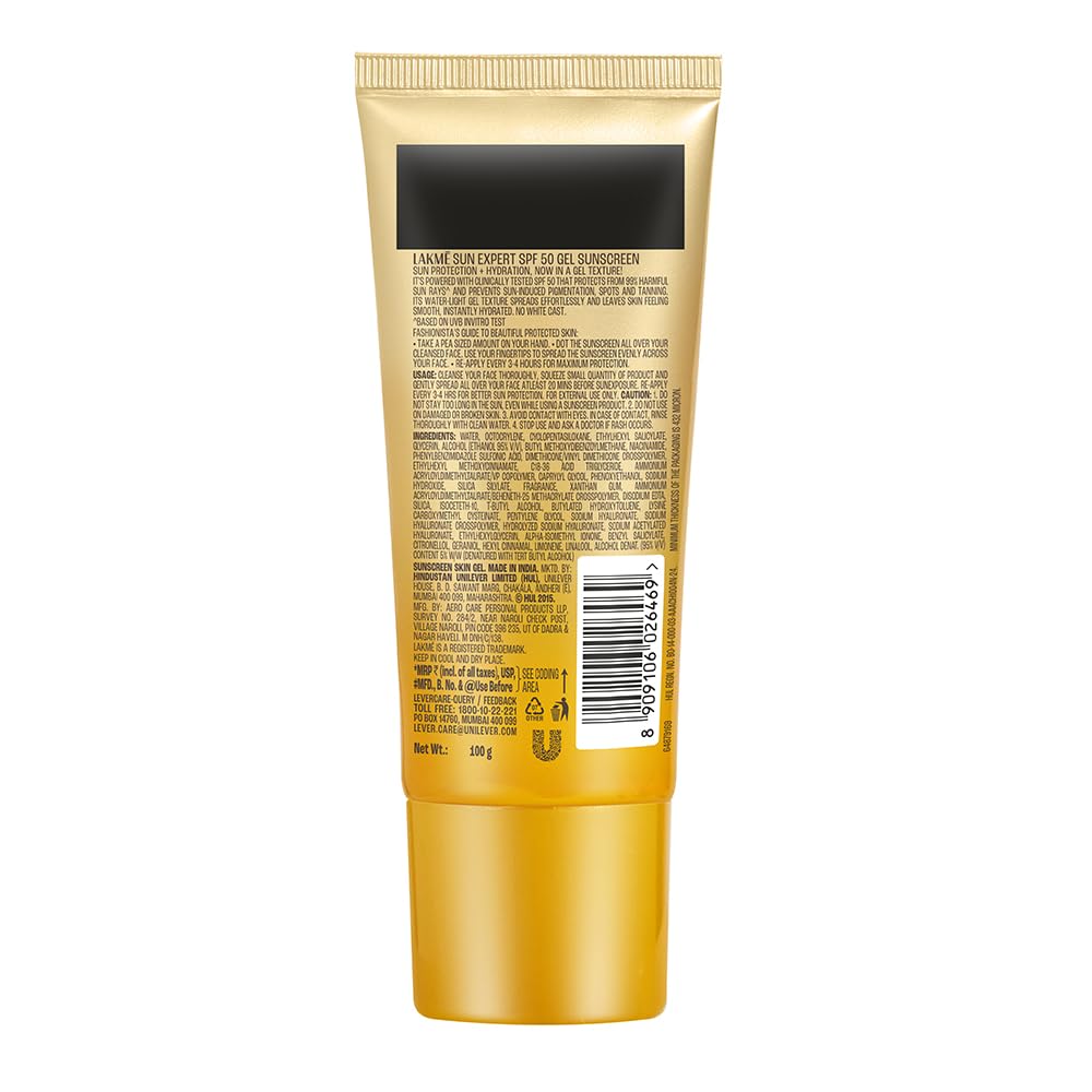 LAKMÉ Sun Expert Гель-солнцезащита SPF 50 PA+++, Ниацинамид | Водяная легкая текстура | Для жирной и комбинированной кожи | Нелипкий | Для всех типов кожи, Для UVA/B Pr