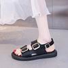 New thick-soled double-buckle sandals, retro belt buckle sandals, fashionable flat-heeled Roman beach women's shoes