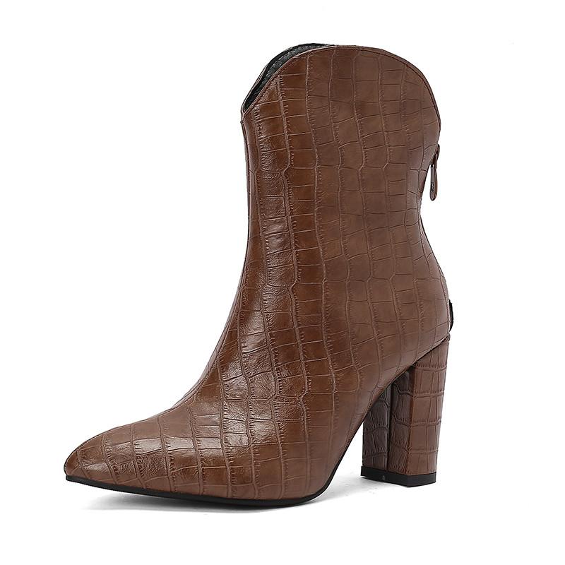 Women's High-heeled Short Boots Autumn and Winter New Solid Color Crocodile Pattern Thick Heel Large Size Pointed Short Boots