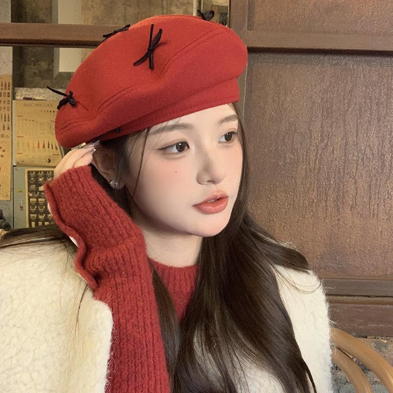 Red Bow Beret Female Autumn And Winter Retro Versatile Temperament Painter Hat Showing Face Small Octagonal Hat