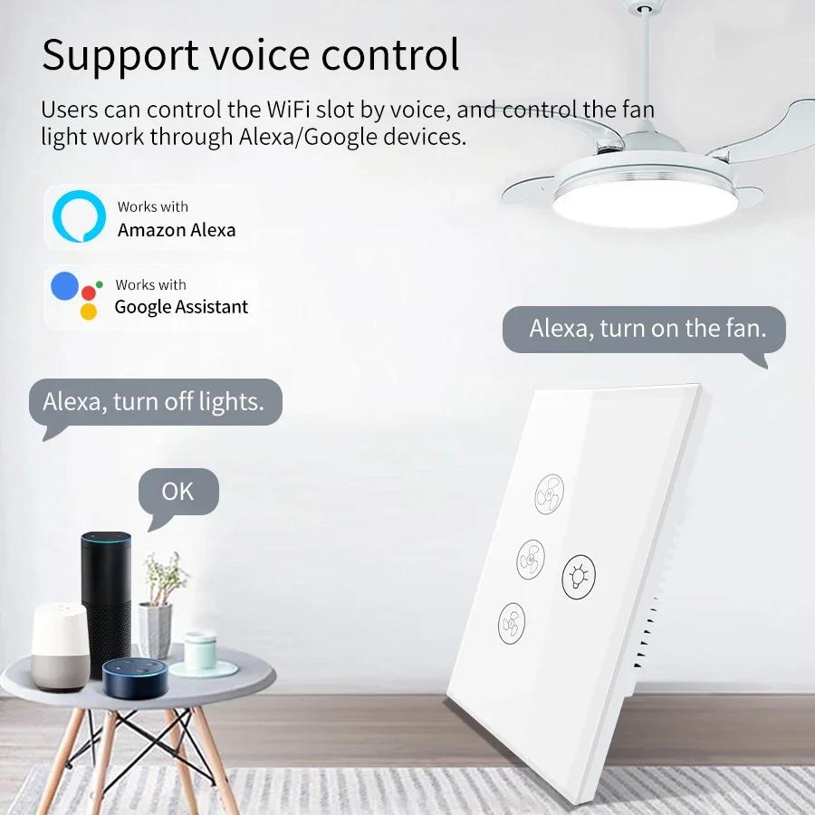 Tuya WiFi Smart Fan Light Switch Сенсорная панель Switches APP Voice Control Timer Различные скорости Работает с Alexa Geogle Home