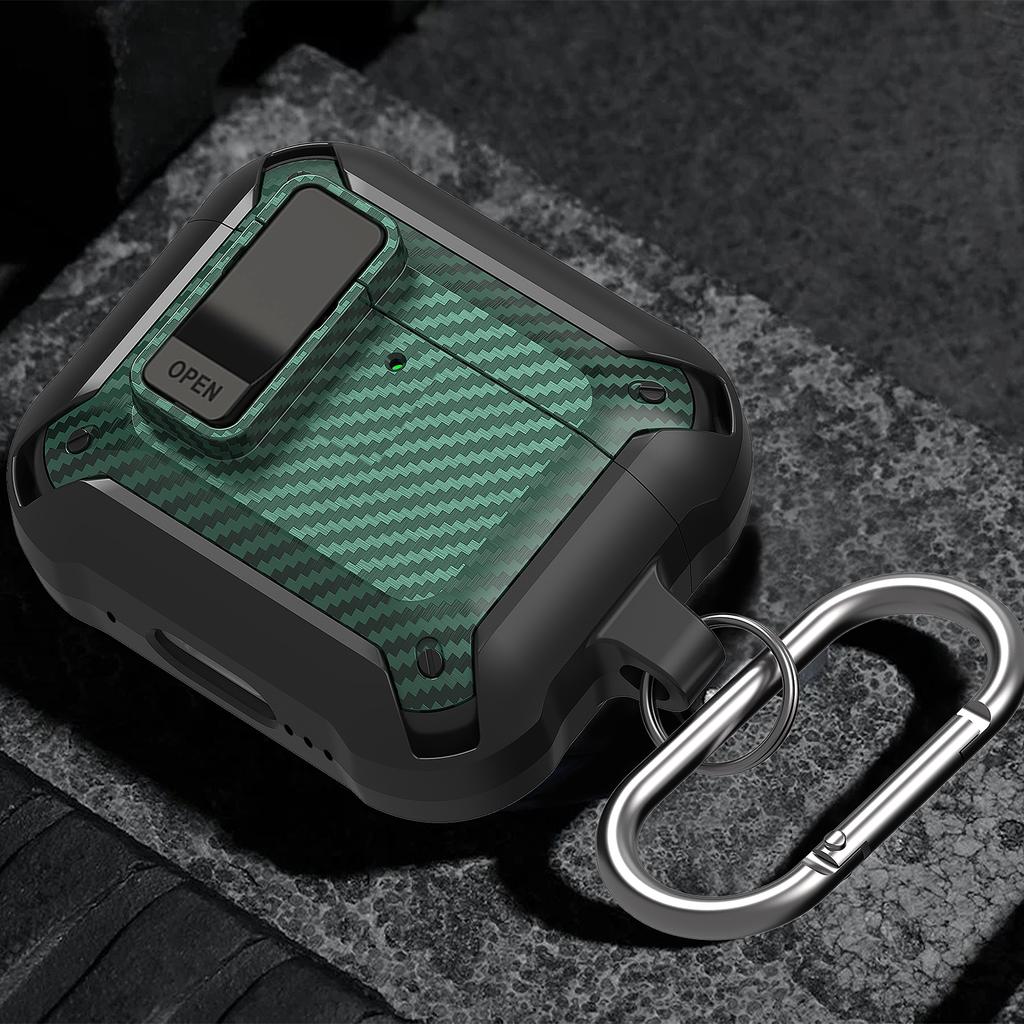For AirPods 4 Bluetooth-compatible Earphone Cover Carbon Fiber Texture TPU+PC Anti-Drop Case with Buckle