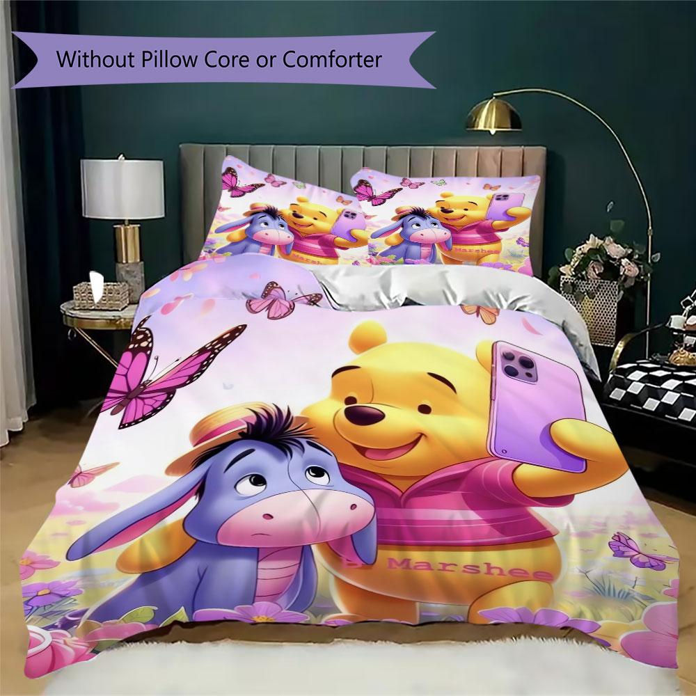 3pcs cute Winnie the Pooh and his friends patterned unbleached bed sheet set, available in various sizes, for bedroom bedding.