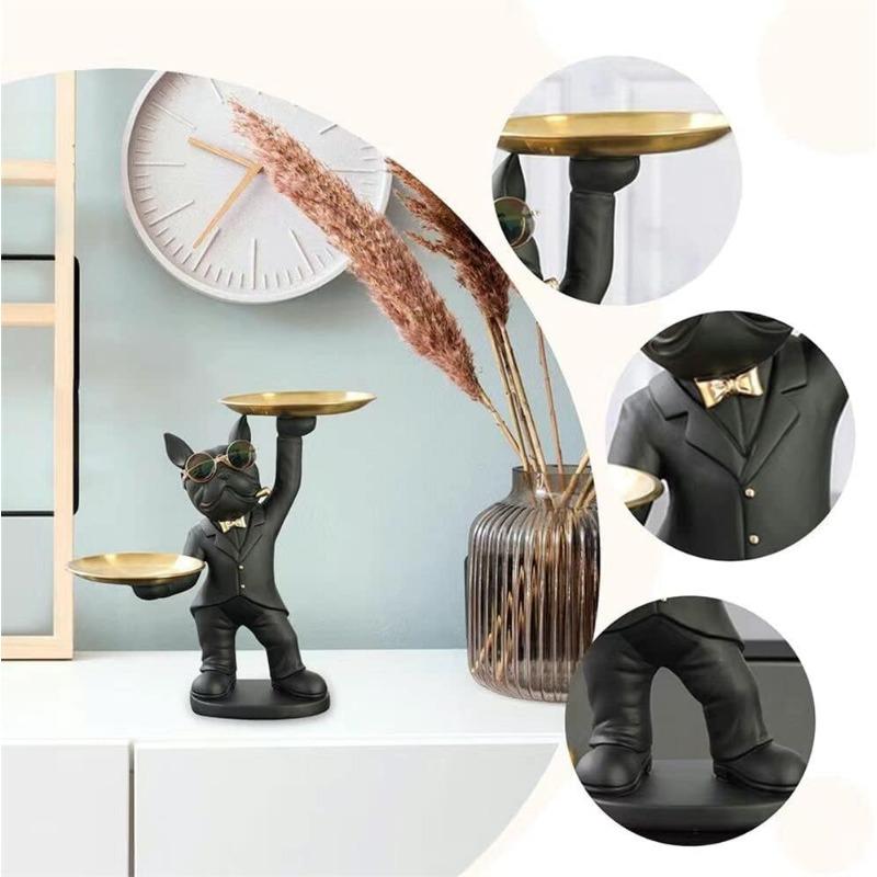 Крутая статуэтка собаки из смолы с 2 подносами и симпатичными стаканами, черная фигурка бульдога, украшения, скульптуры животных, домашний декор, подарок на День благодарения, Рождество, день рождения