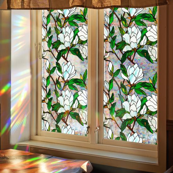Flower Window Privacy Film Double-sided Stained Glass Rainbow Window Film Sun Blocking Static Covering Cling Sticker PVC Window Door Decorative