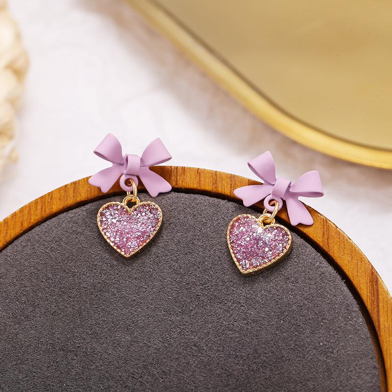 Shiny Resin Rhinestone Heart Drop Earrings for Women Elegant Purple Hollow Out Bow Knot Dangle Earrings Cute Sweet Jewelry Gift