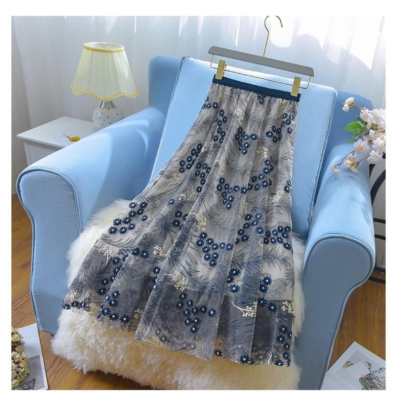 Qooth Women A Line Tulle Embroidered Flowers Skirt Wide Hem Mid Length Elastic Waist Skirt QT2654
