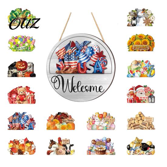 Housewarming Gift For New Home Interchangeable Seasonal Welcome Sign for Front Door, 12 Inch Round Wood Hanging Wall Art Garden with 15/16 Holiday