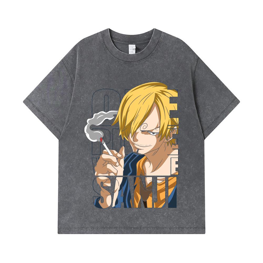 275 GSM Washed T-shirts 100% Cotton One Piece V62 Sanji Print Unisex Heavy Cotton T Shirt