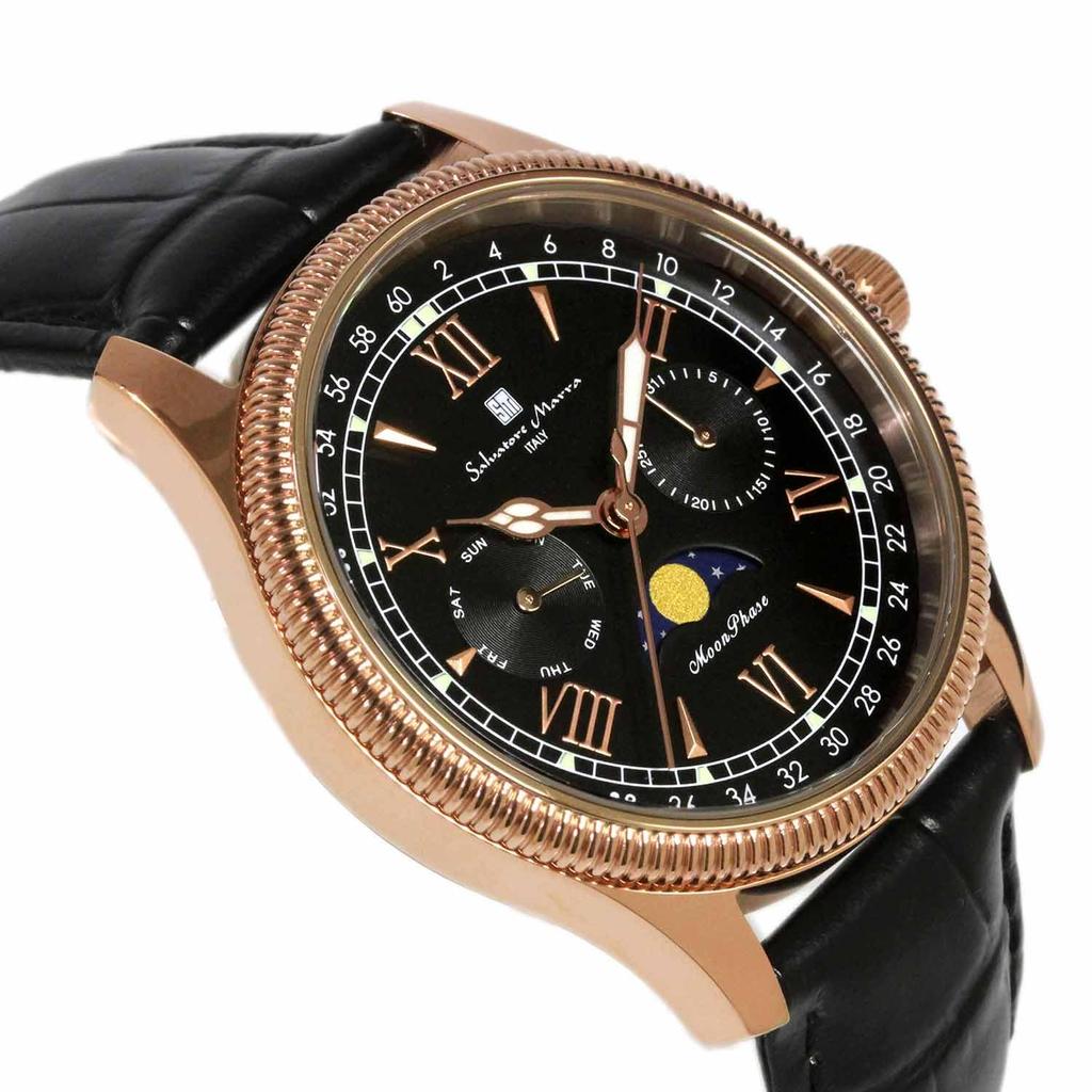 Часы Moon Phase Multi Calendar 5 ATM Waterproof Business Formal Leather Belt Limited Model Pink Gold Black [Salvatore Mara] Men's SM24110-PGBK
