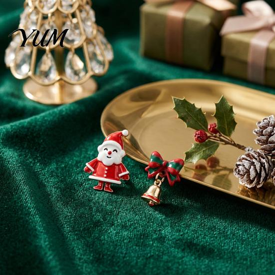 Oil Dripping Jewelry 1 Pair Christmas Earrings for Women, Santa Claus Jingle Bell Bow Asymmetrical Holiday Stud Earrings, Accessories Xmas Party,