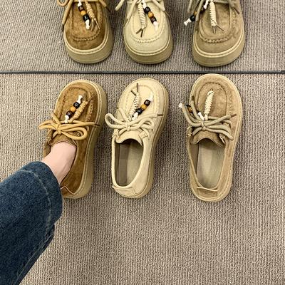 Ретро туфли Boken с бисером, новинка начала осени 2025 года, женские повседневные универсальные туфли на небольшой толстой подошве, увеличивающие рост