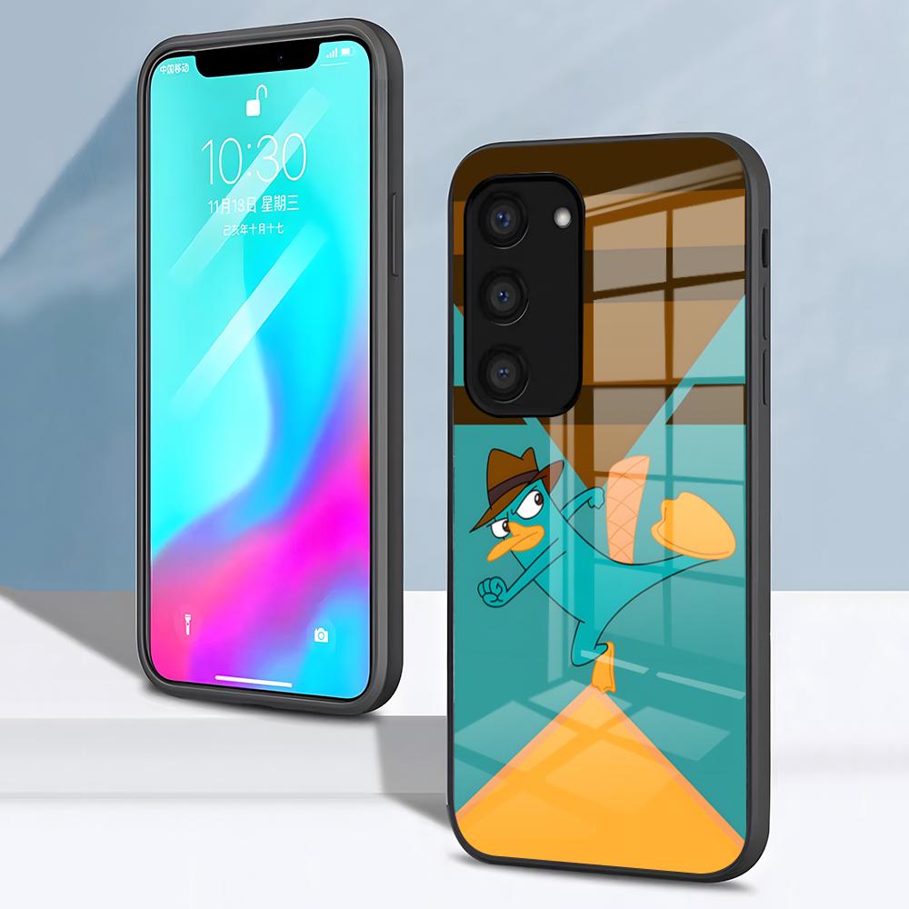 Чехол для телефона P-Perry Утконос Для Samsung S26 S25 S24 FE S23 S22 S21 Plus S20 Ultra Note20Ultra Черная Стеклянная Крышка