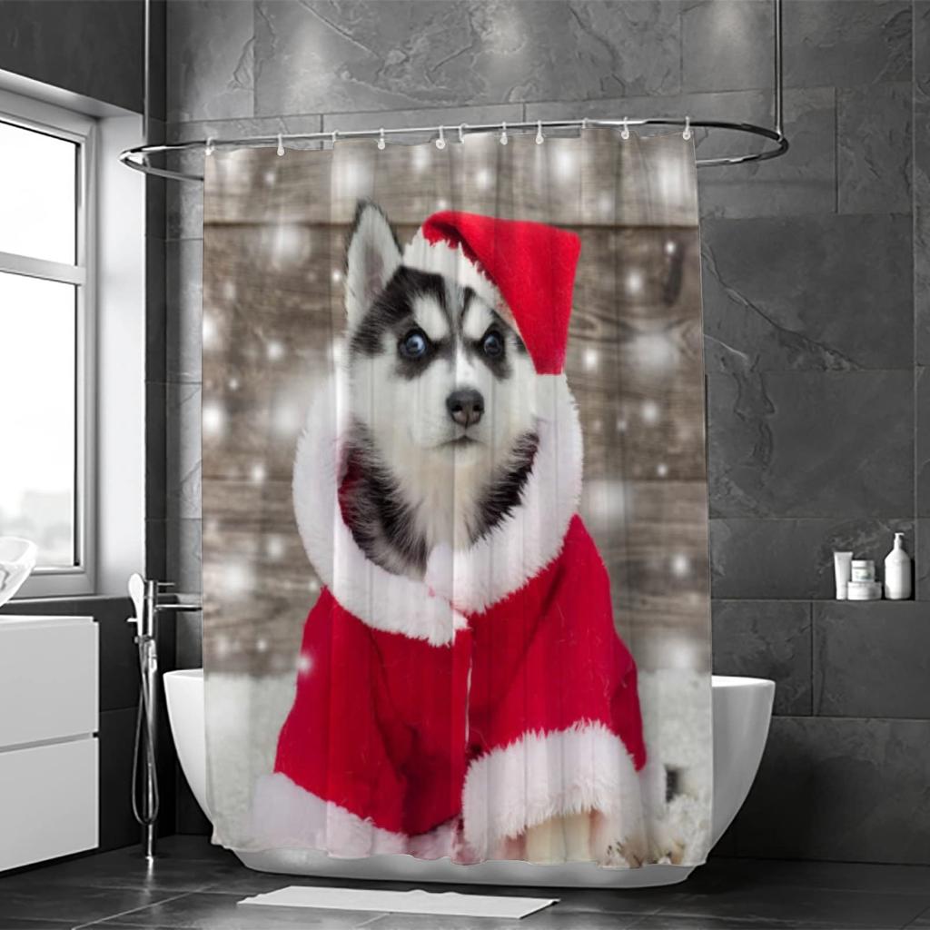 Cute Siberian Husky Shower Curtain Christmas Shower Curtain Set Husky Dog Puppy Bathroom Curtain Pet Dogs Christmas Home Decor