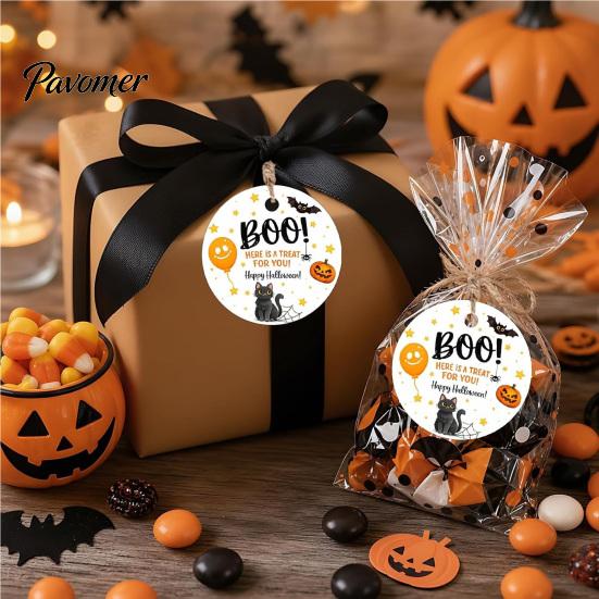 Party Favor Labels 50 Pcs Halloween Paper Gift Tags, Vintage Evil Pumpkin Skeleton Witch Hanging Baking with Hemp Rope for Trick or Treat Favors,