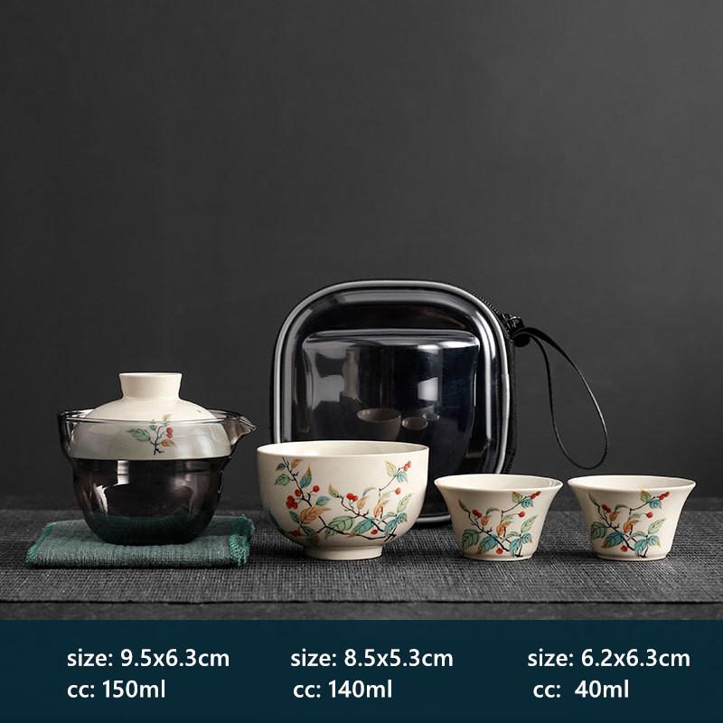 Hand-painted Travel Tea Set Home Car Outdoor Tea Infuser Portable One Pot Three Cups Ceramic Teaware Bring A Storage Bag