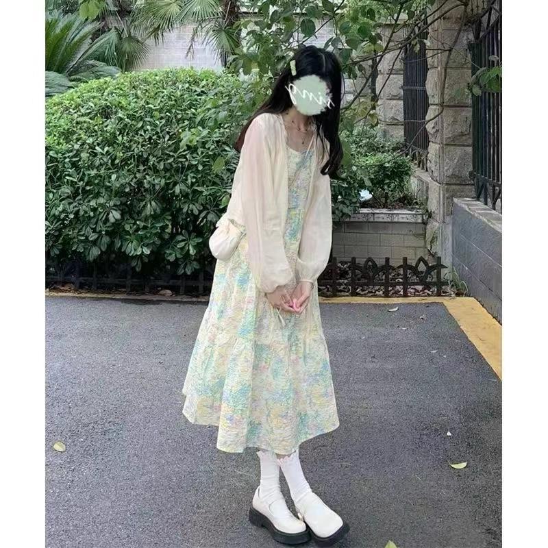 Sweet & Cute Green Spaghetti Strap Dress with Summer Sun Protection Top - Two-Piece Set for Female Students