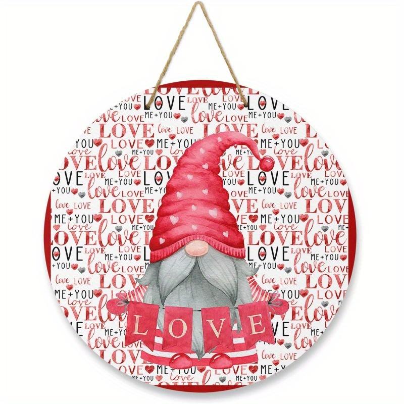 Welcome Sign for Front Door Decor, Valentine's Day Pink Gnome Wood Door Hanger for Outdoor Outside Porch, Round Wooden Wreath Indoor Wall Hanging