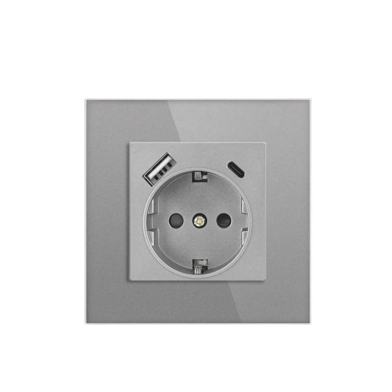 Сенсорный выключатель света из серого закаленного стекла европейского стандарта с разъемом USB C, настенный выключатель 220 В вкл./выкл., круглая нижняя коробка с двумя розетками