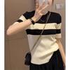 Summer Women's Vintage Pullover O-Neck Patchwork Striped Loose Fashion Casual Simplicity Short Sleeved Knitted Sweater