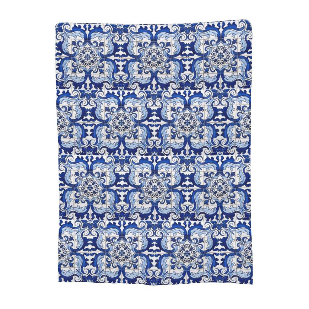 Antique Classic Lisbon Blue Azulejo Tile Floral Pattern Blankets Soft Warm Flannel Throw Blanket Cover for Bed Travel Home Couch
